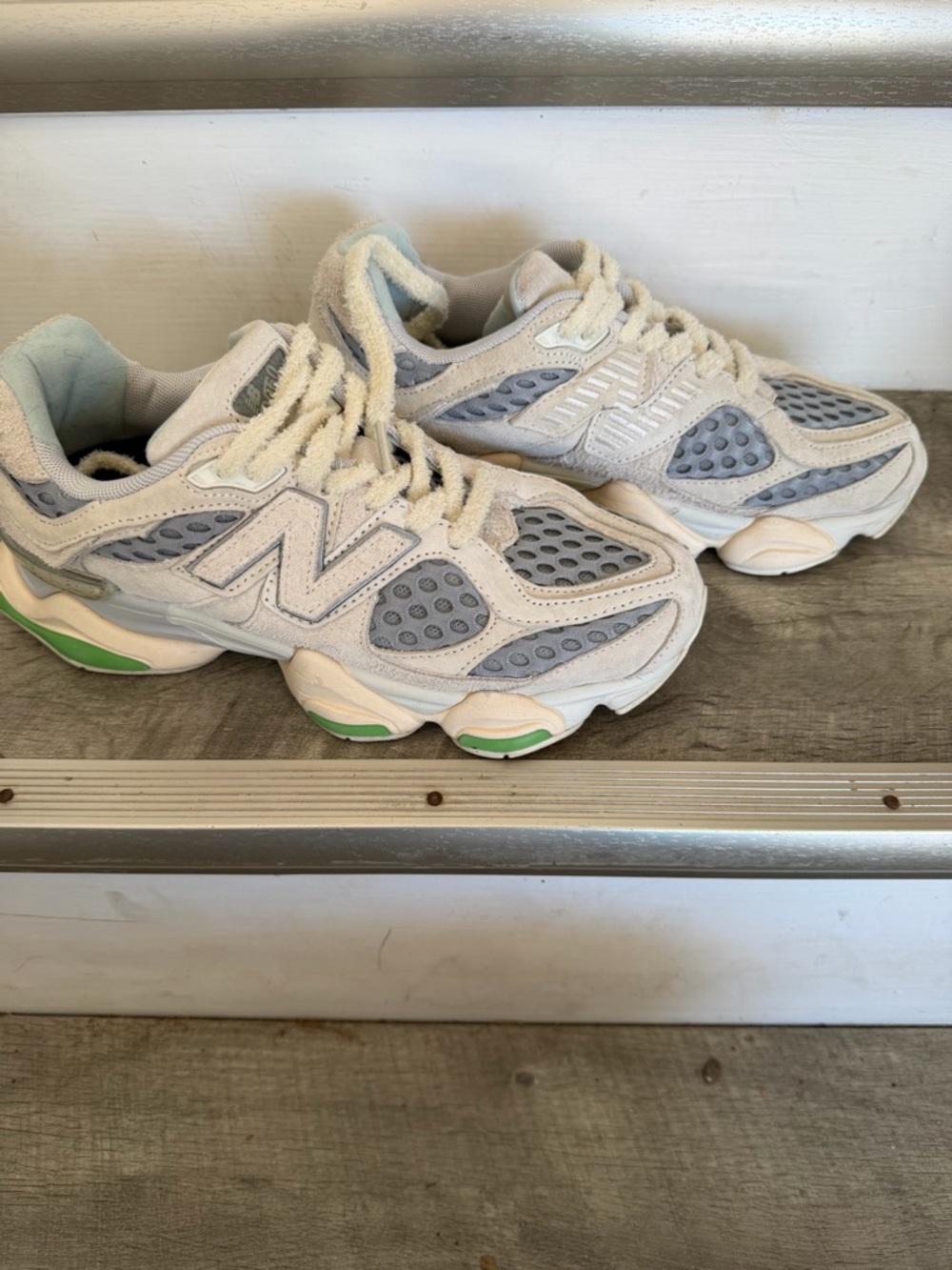 New Balance Cream, Light Gray & Green Chunky Running Sneakers